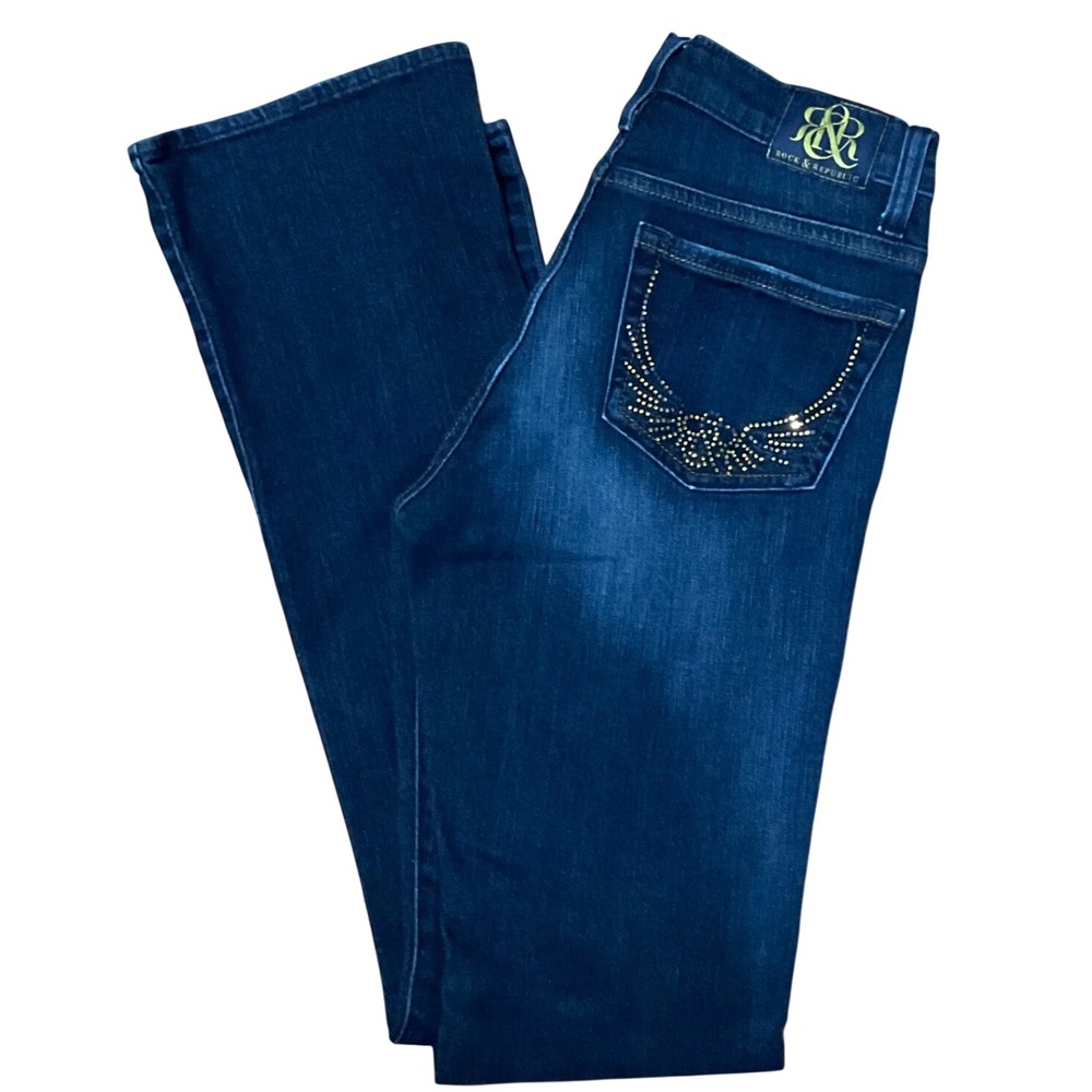 Rock & Republic Kasandra Bootcut Jeans Dark Wash Rhinestone Wing Size 2M